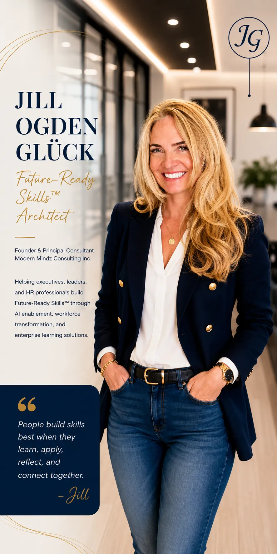 Jill Ogden Glück, Future-Ready Skills™ Architect, Skillsoft Percipio expert, and Founder & Principal Consultant of Modern Mindz Consulting Inc., specializing in AI enablement, workforce transformation, and Future-Ready Skills™ solutions.