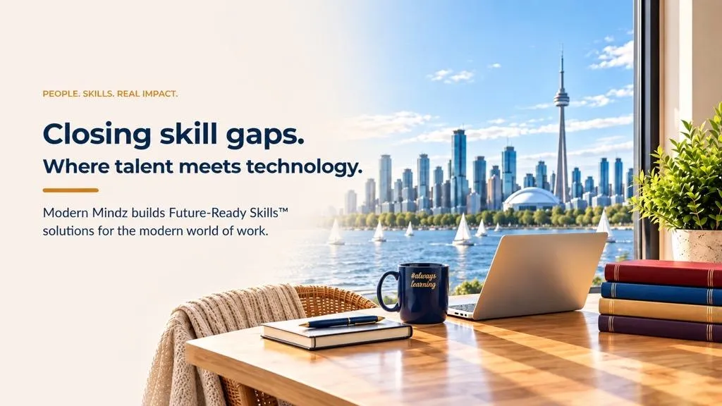 Laptop, books and an #alwayslearning mug overlooking the Toronto skyline.