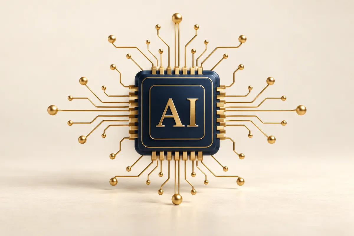 AI processor with gold connected circuits on an ivory background