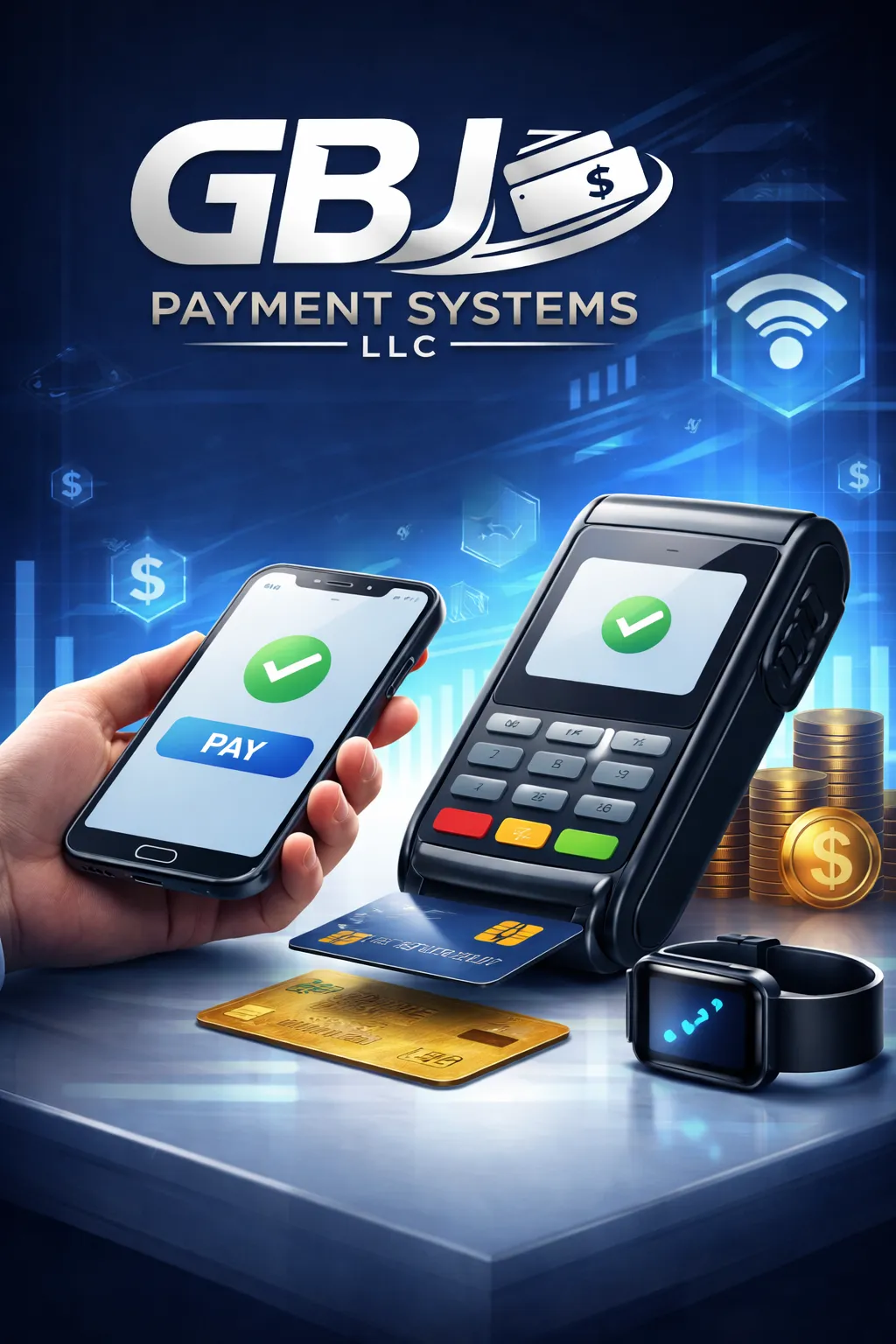 Modern payment terminal on a retail counter, with a diverse merchant smiling and processing a card transaction. The background is bright and uncluttered, evoking a professional, trustworthy environment. The image conveys efficiency and ease of use for small business owners.