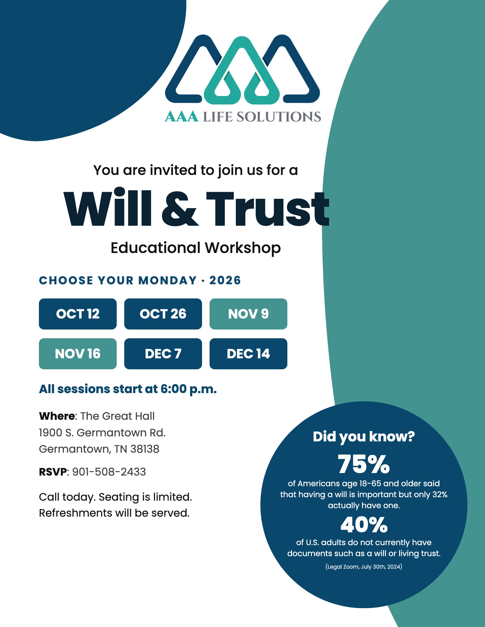 Will and Trust Educational Workshop flyer: Mondays Oct 12, Oct 26, Nov 9, Nov 16, Dec 7 and Dec 14, 2026 at 6 p.m., The Great Hall, Germantown TN. RSVP 901-508-2433