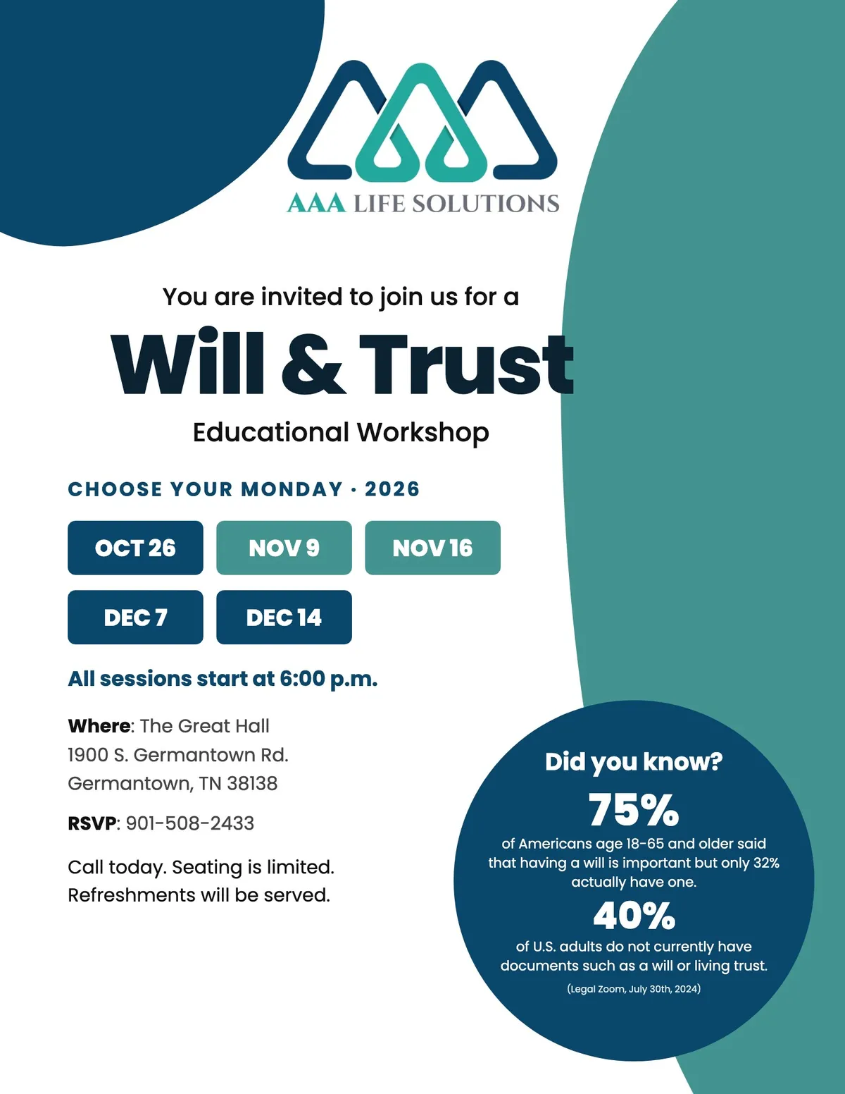Will and Trust Educational Workshop flyer: Mondays Oct 26, Nov 9, Nov 16, Dec 7 and Dec 14, 2026 at 6 p.m., The Great Hall, Germantown TN. RSVP 901-508-2433