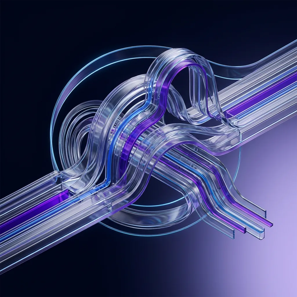 Sophisticated 3D abstract financial flow visualization with radiant blue and purple gradients