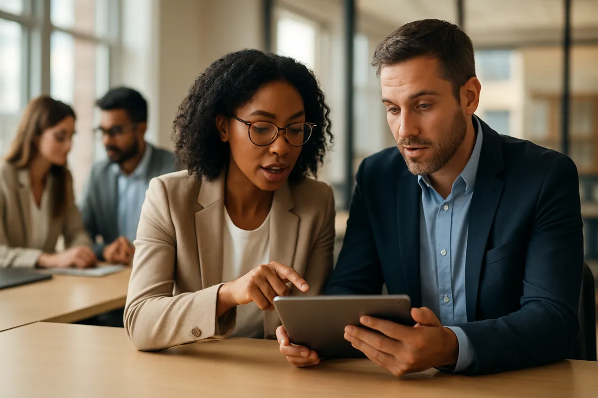 A widescreen hero image of a facilitator leading a small group meeting in a modern conference room. The focus is on body language, engagement, and collaboration rather than text or screens. Natural window light, soft shadows, warm professional atmosphere.