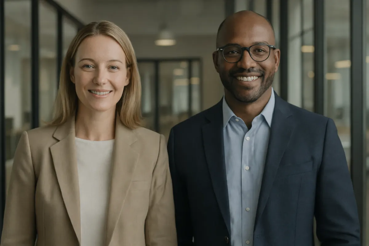 Two professionals standing side by side in a modern office environment, conveying trust, approachability, and professional collaboration.