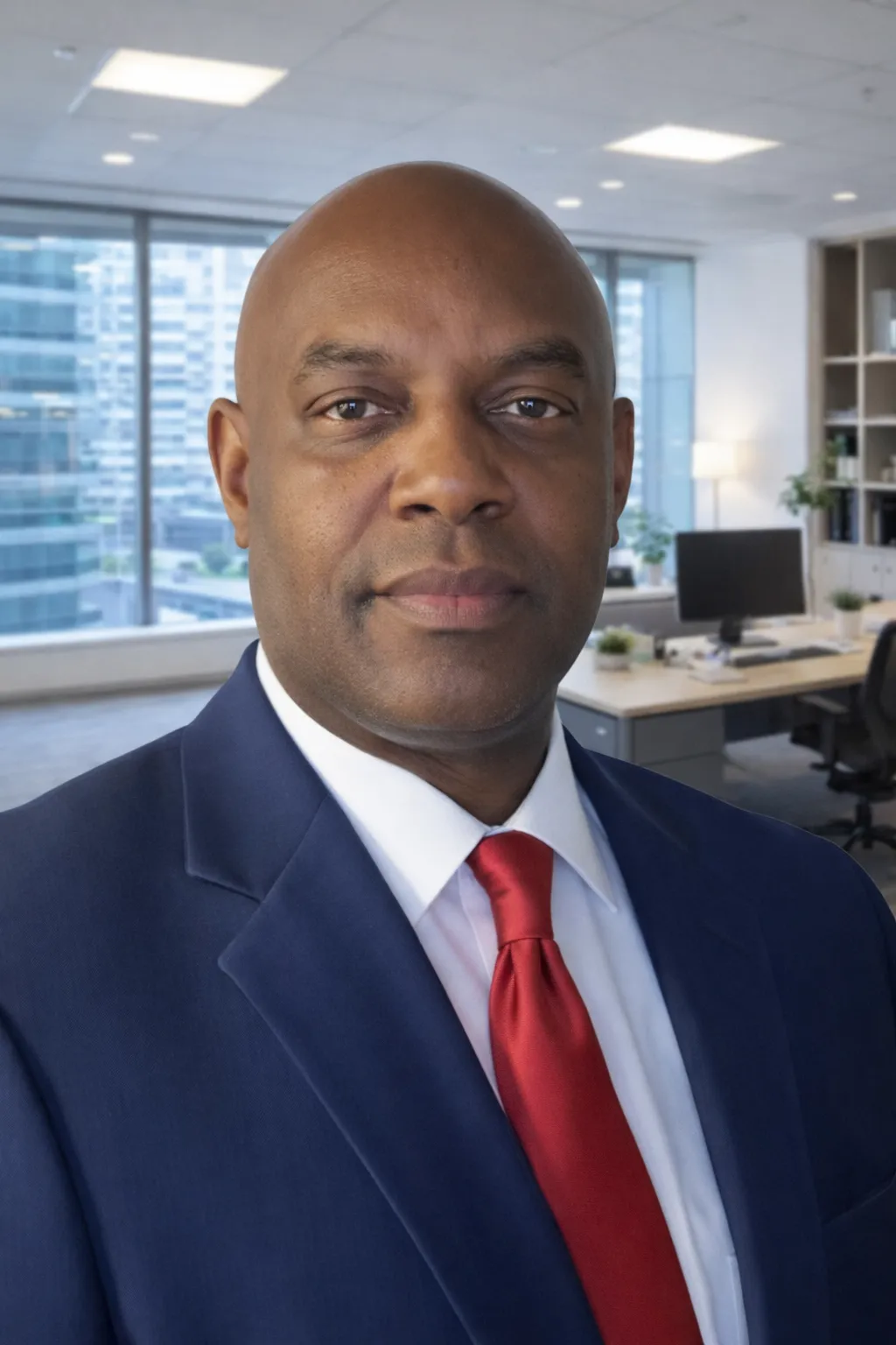 Executive portrait of Rod Hector, a business leader in a navy suit and red tie inside a contemporary office environment