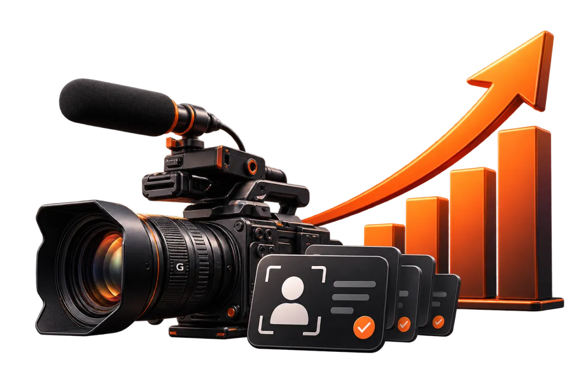 Behind-the-scenes videographer filming a local business owner, with subtle lead generation / ads dashboard context