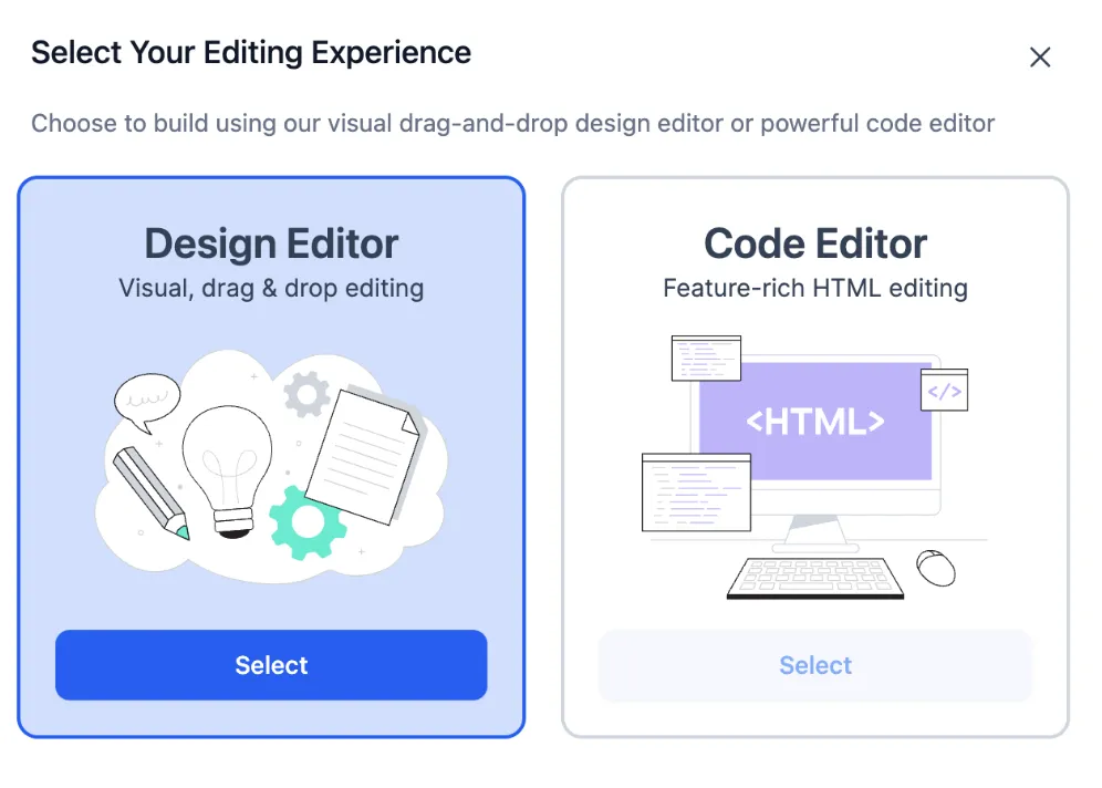 choose design or code editor for the email builder