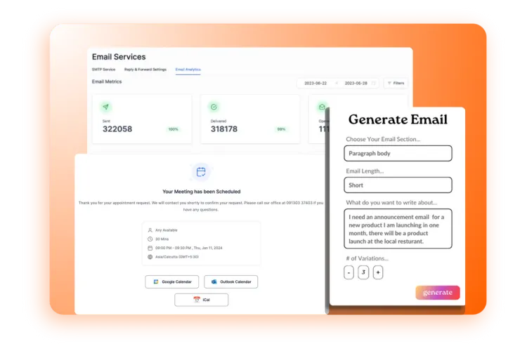 email statistics, email ai generator, and meeting booking inside Camplab and eGrowthLab