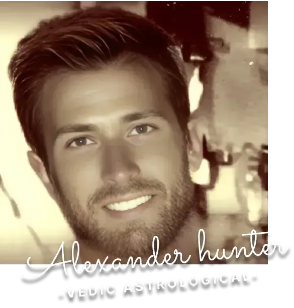 Portrait of a smiling man with short hair and a beard. Text overlay at the bottom reads, "Alexander Hunter - Vedic Astrologer.