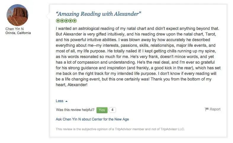 A review titled "Amazing Reading with Alexander" praising an astrological reading. The reviewer compliments Alexander's accuracy and insights into their life, rating the experience with five green circles.