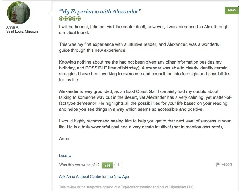 A review titled "My Experience with Alexander" by Anna A discussing an intuitive reader named Alexander who provided a validating and insightful session. The review includes Anna's positive opinion and recommendations.