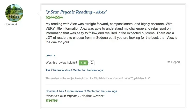 Screenshot of a 5-star review on TripAdvisor for "5 Star Psychic Reading - Alex" by Charles A, praising the psychic's straightforward and accurate reading.