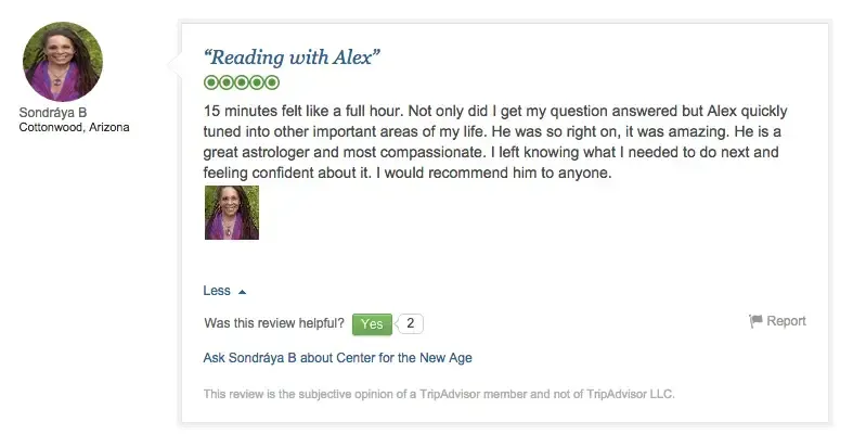 A review for “Reading with Alex” by Sondraya B. from Cottonwood, Arizona, praising Alex's skills as an astrologer and the value of the session. Includes a five-star rating and user feedback.