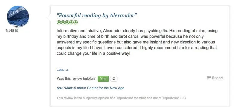 A review by user NJ4815 describes Alexander's psychic reading as powerful and life-changing, mentioning the use of a birthdate and tarot cards, and recommends him highly.