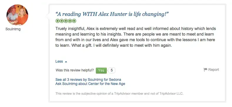 A TripAdvisor review by Soultmtg, praising Alex Hunter’s insightful reading on history, stating it was life-changing and expressing a desire to meet Alex again. The review received 5 helpful votes.