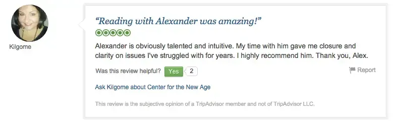 A review praising Alexander's talents and intuitive abilities, marked helpful by 2 people, with a positive recommendation for his services with gratitude. The review was posted by a user named Kilgome.