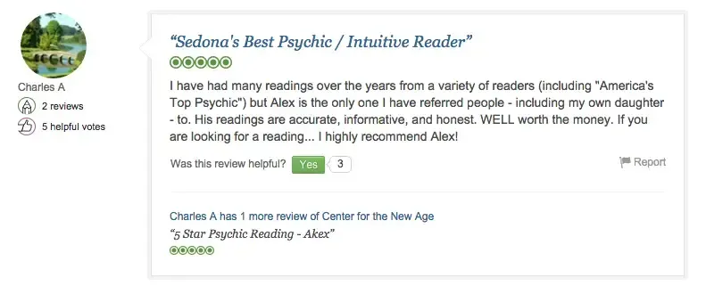 A review praising a psychic named Alex as "Sedona's Best Psychic / Intuitive Reader," highlighting accurate, informative readings and recommending him. The user rates Alex highly with positive feedback.