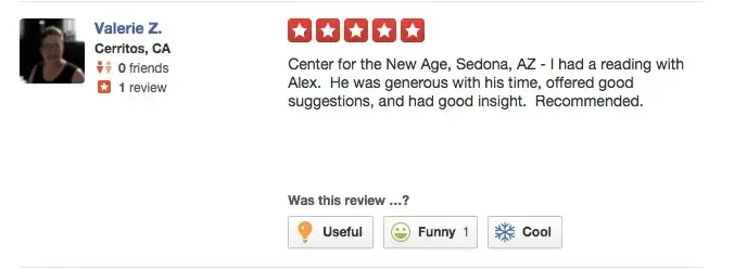 A five-star Yelp review by Valerie Z. from Cerritos, CA, for the Center for the New Age in Sedona, AZ, praising a reading with Alex for his generosity, suggestions, and insight. It's marked as useful and cool.