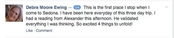 Comment from a person named Debra Moore Ewing mentioning visits to a place in Sedona, a reading by Alexander, and feeling excited. Her profile picture is in the comment.