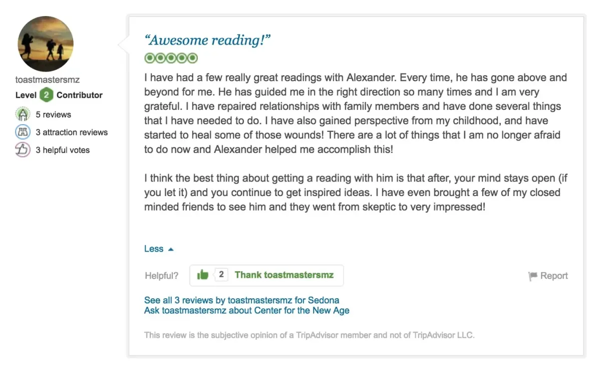 Review on TripAdvisor praising Alexander for insightful readings, enhancing relationships, and improving the reviewer's life. Includes "Awesome reading!" heading, 4 photos, and 3 reviews listed by the user.