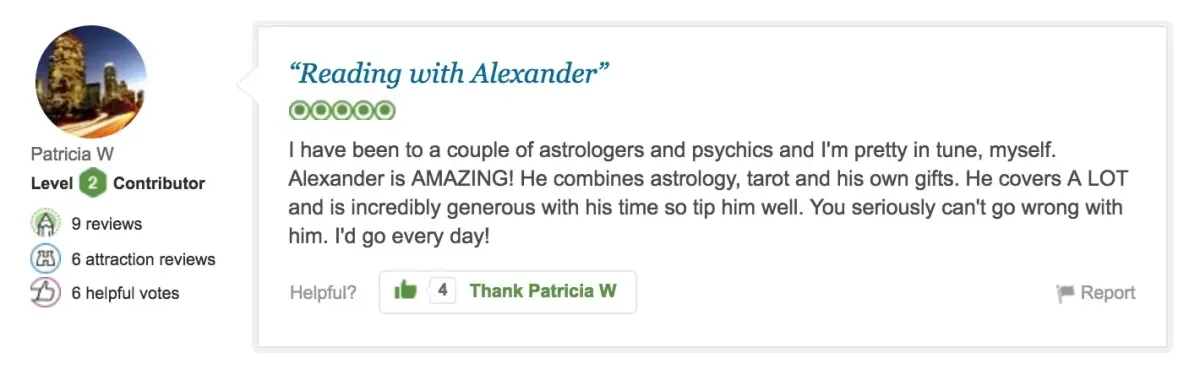 A text review by Patricia W with 5 green stars titled "Reading with Alexander" praising Alexander for his astrology, tarot, and generosity, and recommending his services highly.