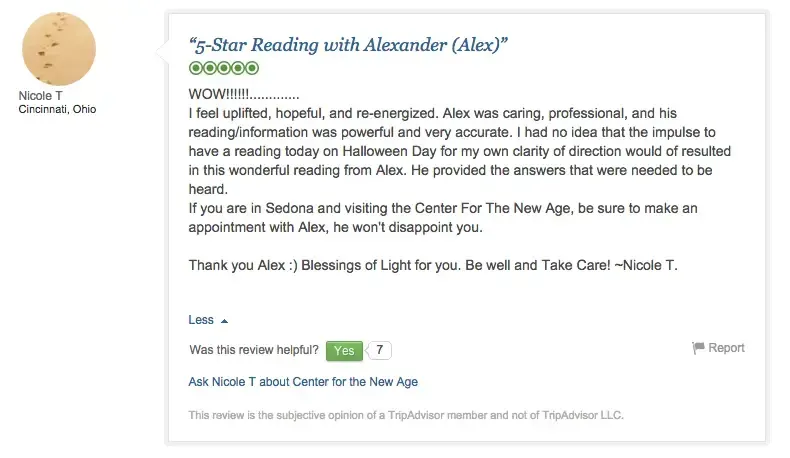 A review by Nicole T. from Cincinnati, Ohio, praising a reading session with Alexander (Alex), highlighting his professionalism and the impact of the session. The review includes a 5-star rating.