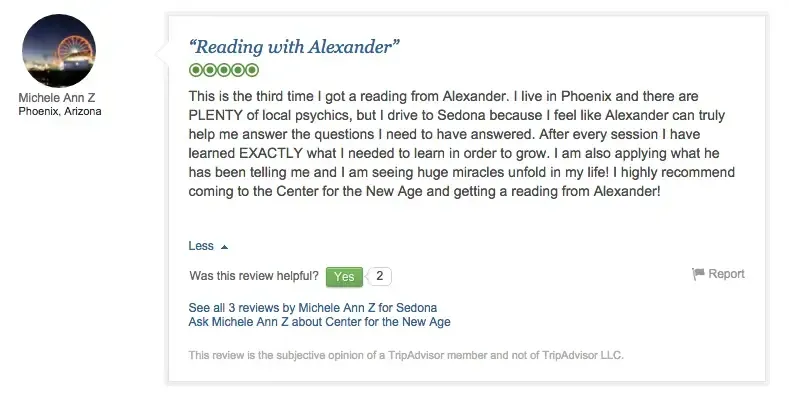 Screenshot of an online review titled "Reading with Alexander" by Michele Ann Z from Phoenix, Arizona, describing her positive experience with a psychic reading and feeling fulfilled by the advice given.