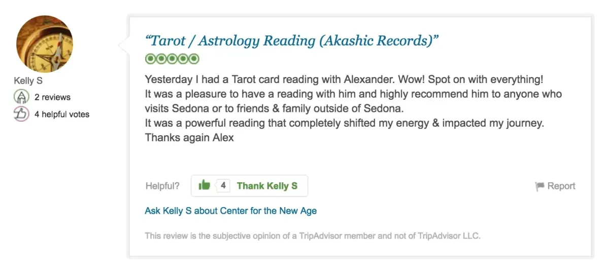 A 5-star review on TripAdvisor for a Tarot/Astrology Reading with Alexander. Reviewer Kelly S praises the reading's impact on her energy and recommends Alexander to others.