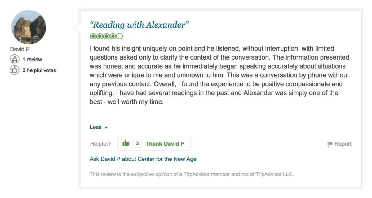 A review titled "Reading with Alexander," with 5 out of 5 circles. The reviewer praises Alexander for his accuracy, unique insights, and conversational style, stating the experience was positive and valuable.