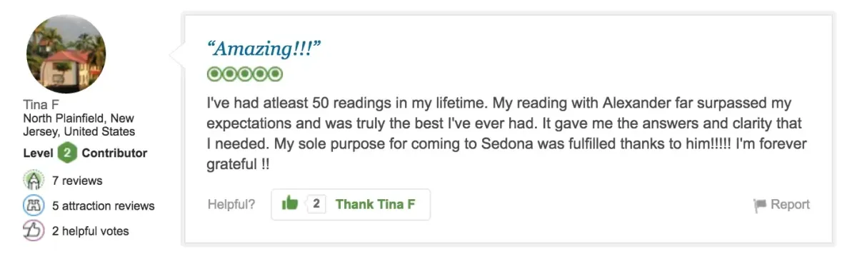 Review titled "Amazing!!" by Tina F. from North Plainfield, NJ, praising a reader named Alexander. Tina mentions having over 50 readings, with this one being the best, and expresses gratitude.