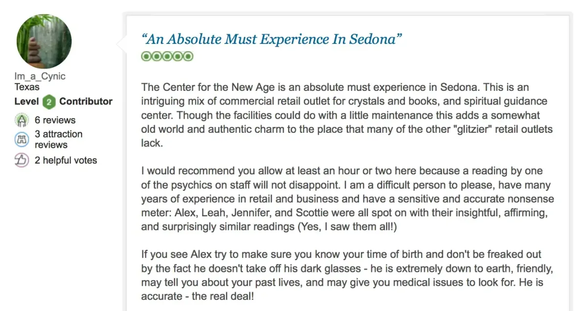 A 5-star review titled "An Absolute Must Experience In Sedona," praising a facility offering psychic readings, crystals, and books. The reviewer mentions various recommended psychics and suggests birthdate accuracy.