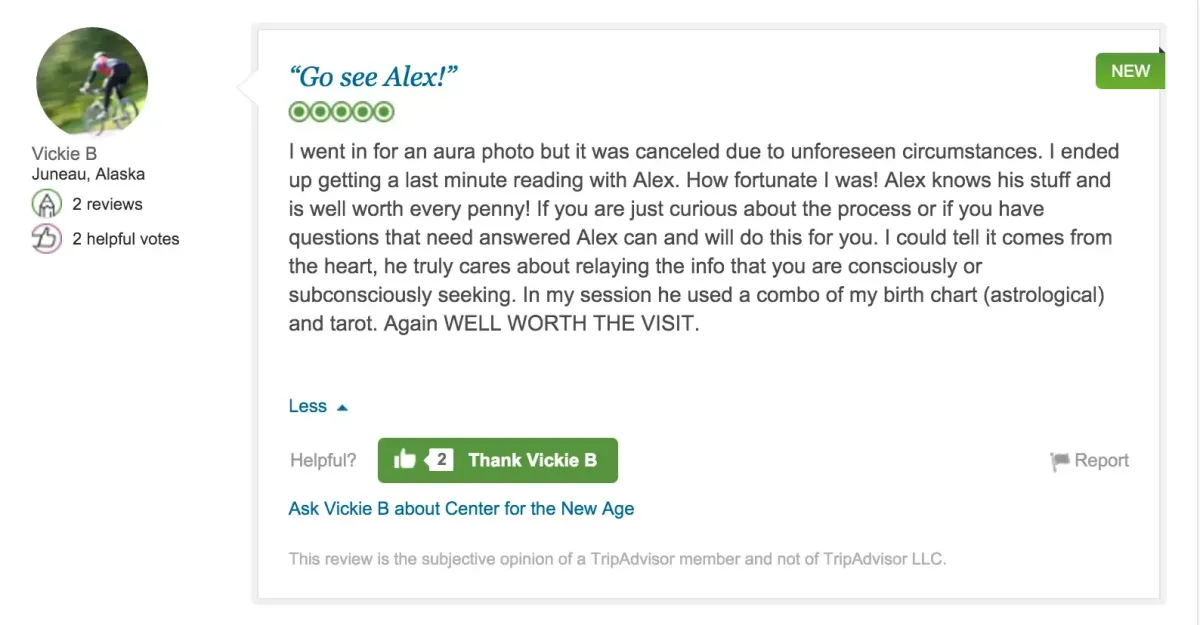 A TripAdvisor review by "Vickie B" recommending Alex for reading services, praising his skills and sincerity, and highlighting the use of birth chart and tarot in her session.