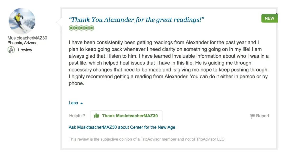 Screenshot of a positive review on TripAdvisor about a person named Alexander, praising his readings, and recommending his services.