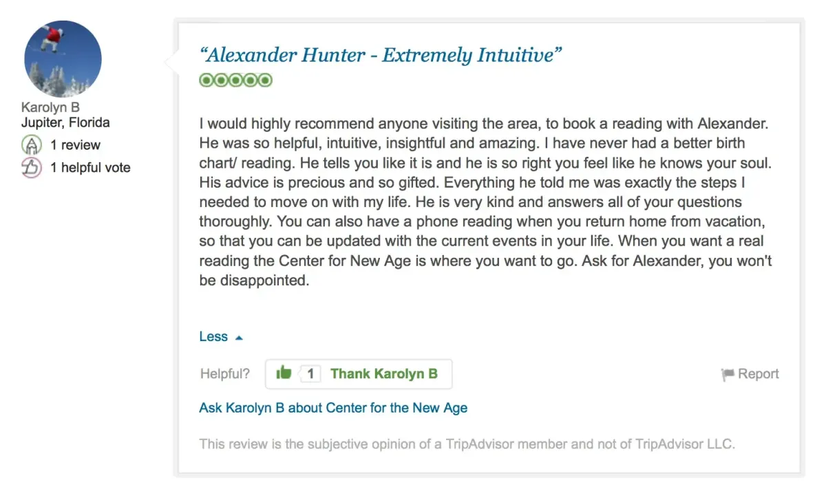 A 5-star review on TripAdvisor by Karolyn B praising Alexander Hunter's intuitive reading and helpful advice, recommending visitors to book a session with him.