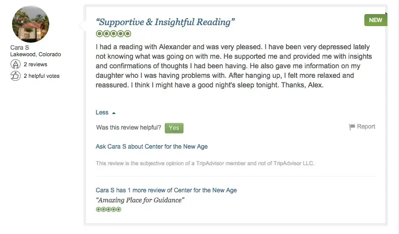 Screenshot of an online review by Cara S. from Lakewood, Colorado, praising a reading session with Alexander, stating it was supportive and insightful. The review includes a 5-star rating and Cara S.'s profile picture.