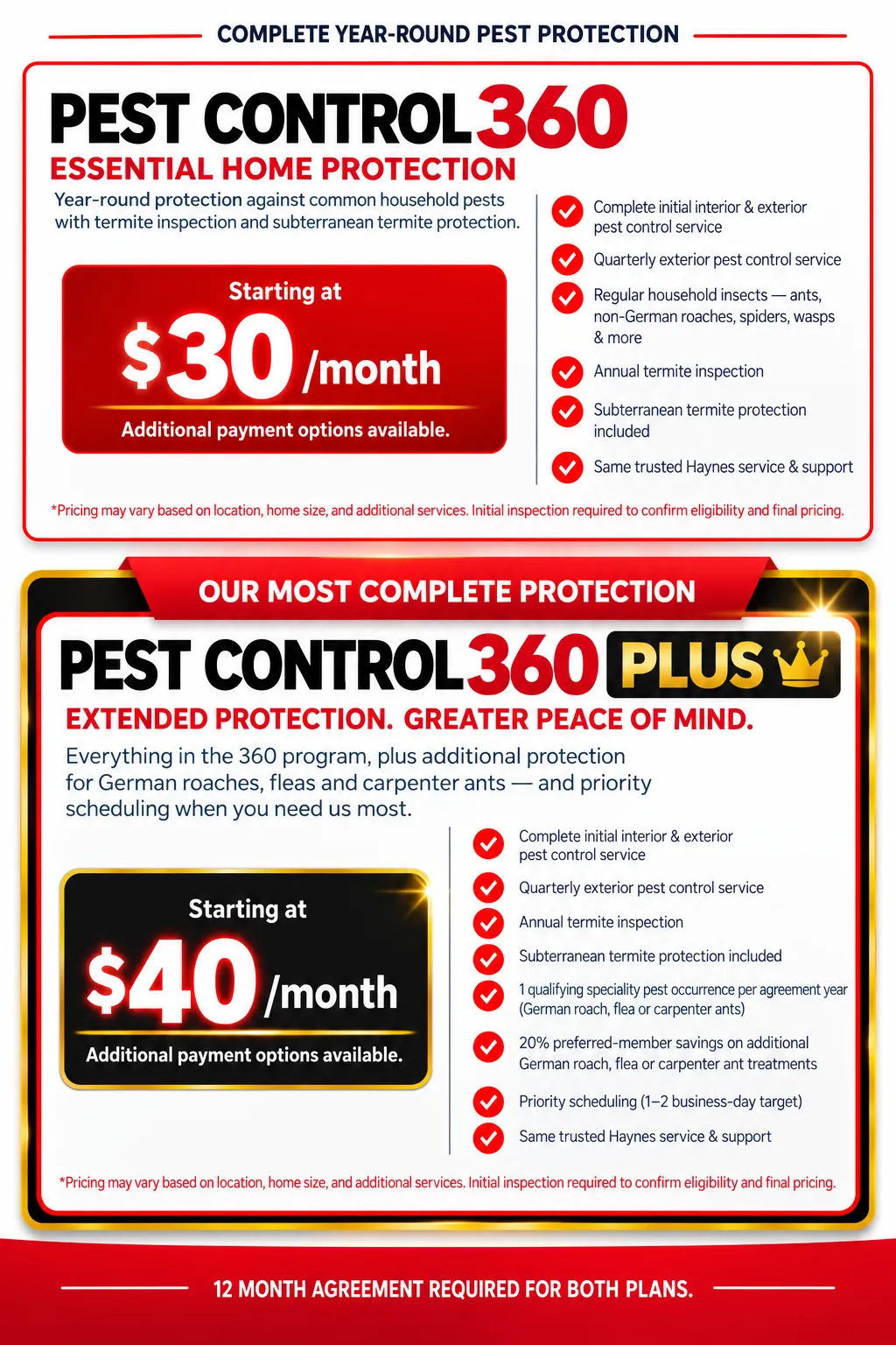 Haynes Pest Control 360 and Pest Control 360 Plus plans with year-round pest control and subterranean termite protection in Central Florida