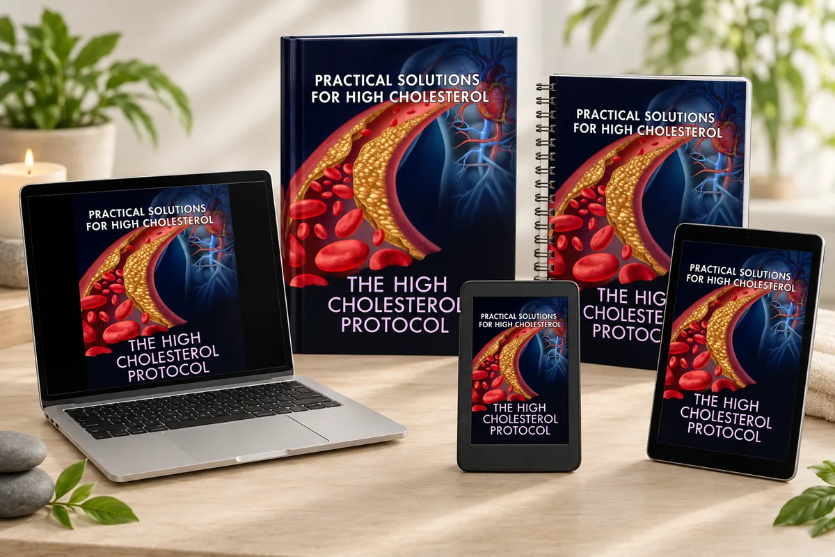 High Cholesterol Protocol digital PDF promotional collage shown on five book and device mockups