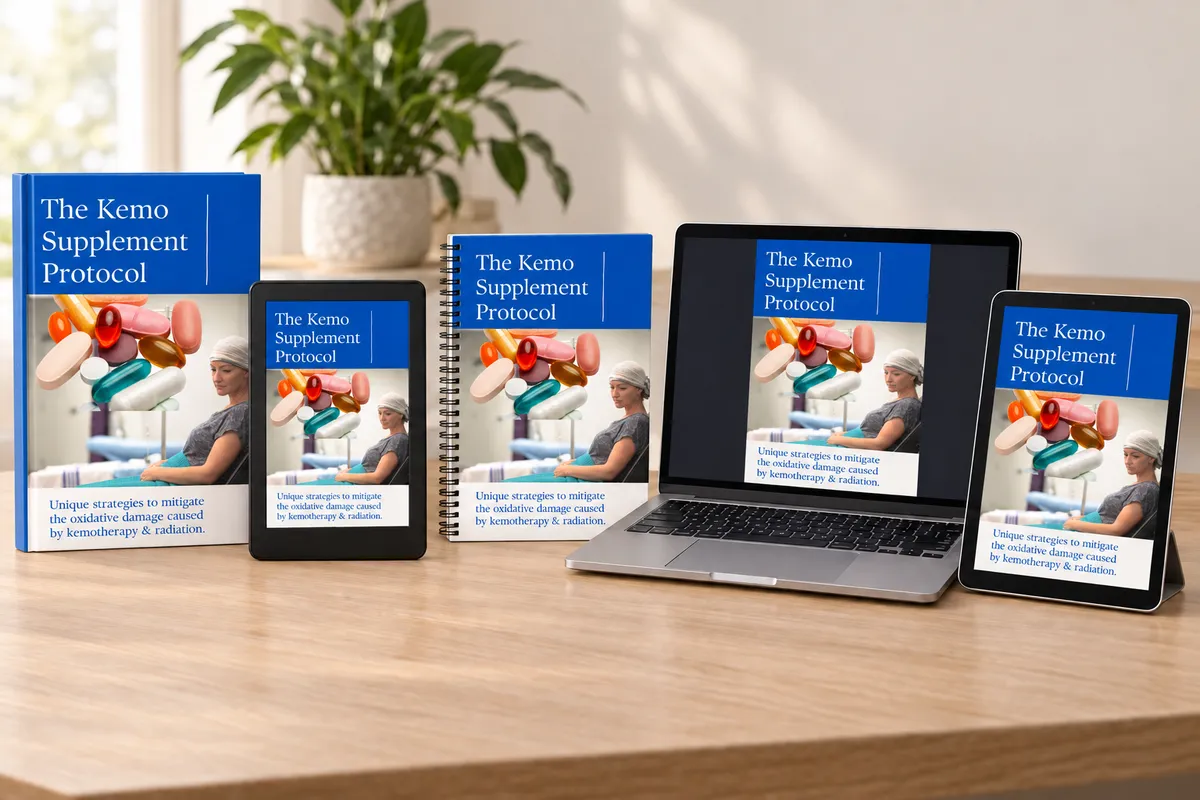Chemo Supplementation Protocol shown as a book, e-reader, spiral notebook, laptop, and tablet