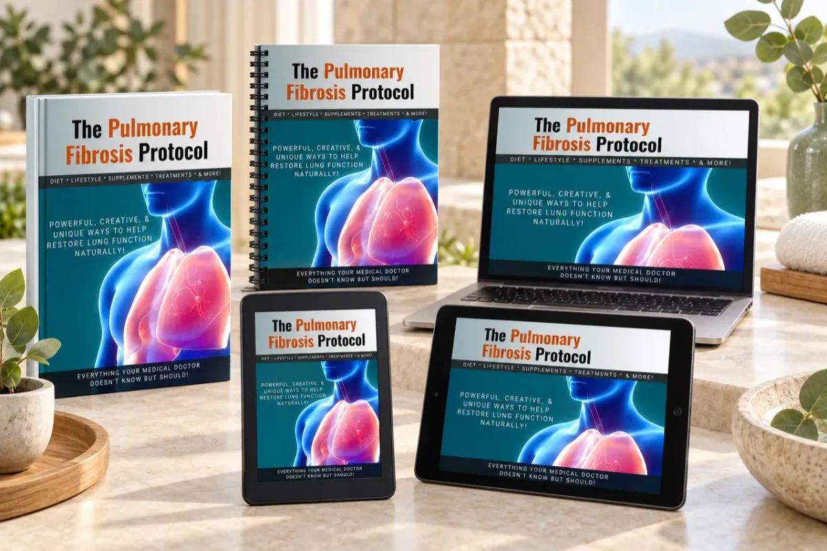 Pulmonary Fibrosis Protocol digital guide shown across premium book and device mockups