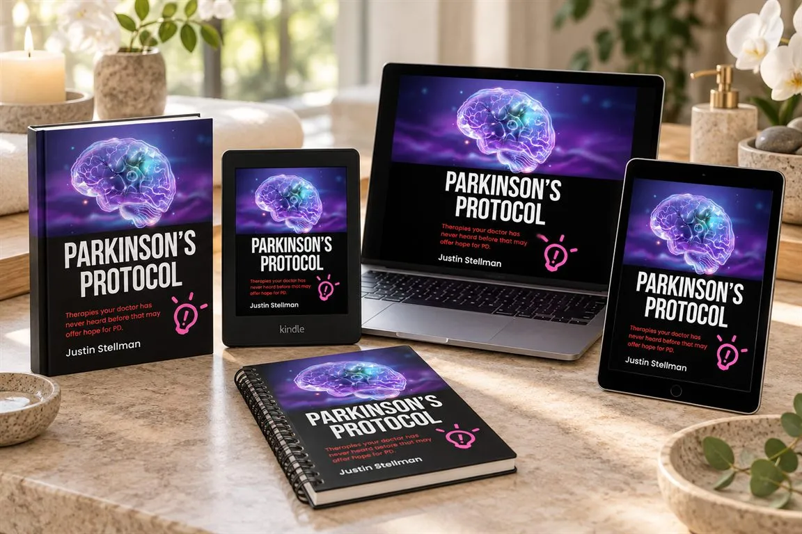 Parkinson's Protocol digital guide on a book, e-reader, spiral notebook, laptop, and tablet