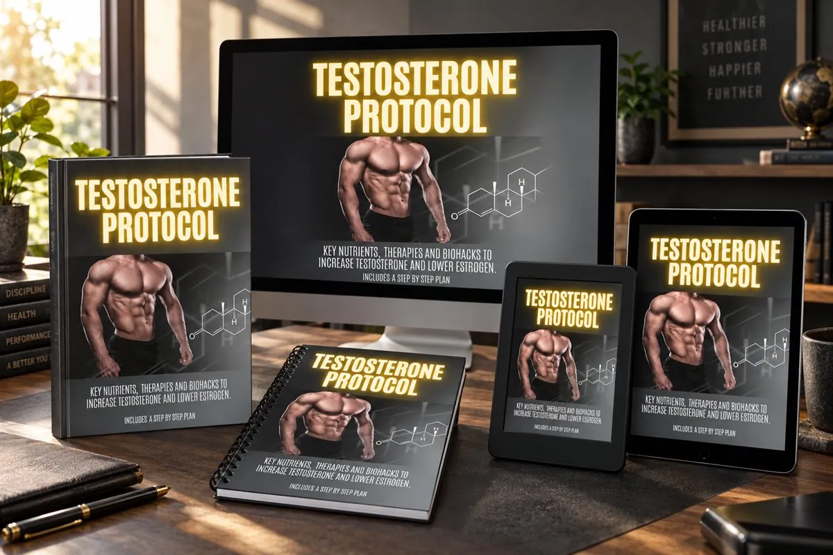 Testosterone Protocol digital guide on book, computer, tablet, e-reader, and notebook