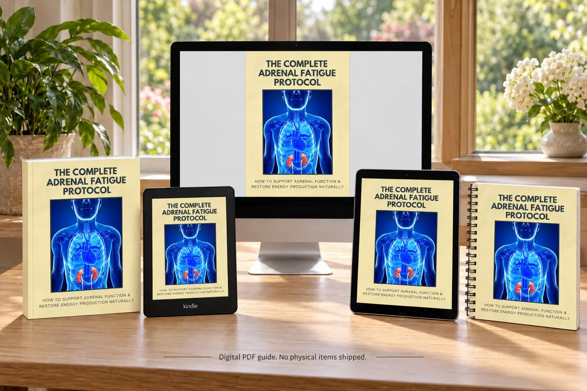 Adrenal Fatigue Protocol digital PDF illustrated on a book, e-reader, spiral notebook, computer and tablet. No physical items shipped.