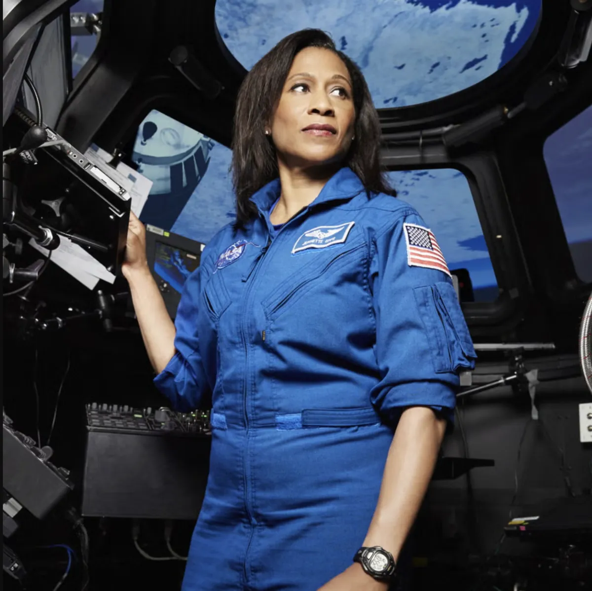 Dr. Jeanette Epps aboard International Space Station, Jeanette Epps official NASA portrait, SpaceX Crew-8 launch with Jeanette Epps, Astronaut Jeanette Epps speaking at conference, Jeanette Epps floating in zero gravity ISS, Dr. Epps in SpaceX crew uniform, NASA astronaut Jeanette Epps addressing audience