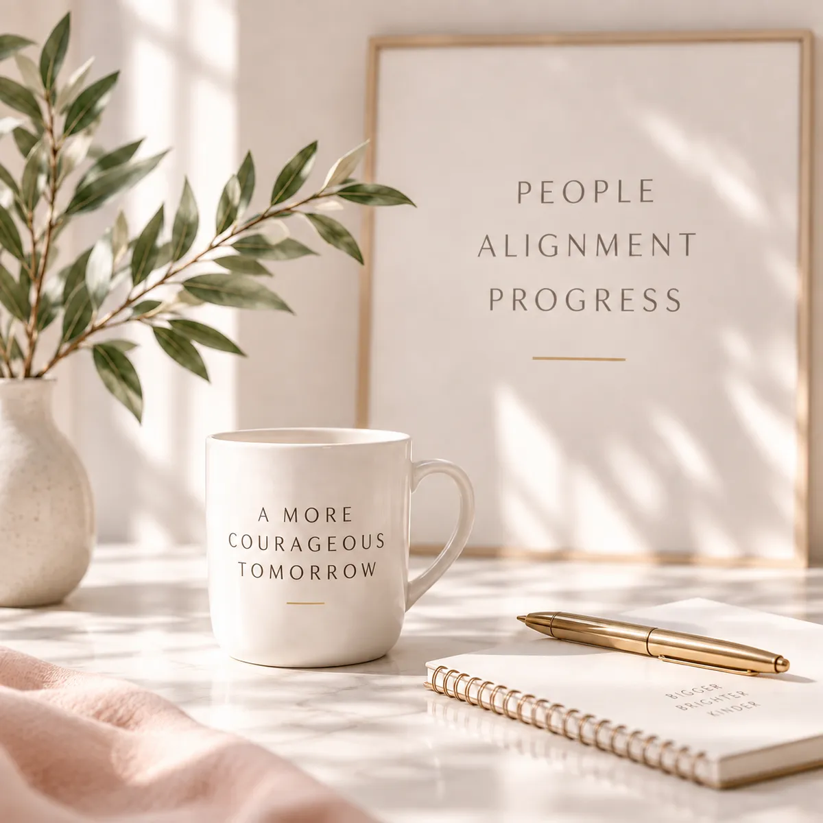 A bright, aesthetic desk scene featuring a white coffee mug reading 'A MORE HUMAN TOMORROW', a gold pen on a notebook, a small vase with green leafy branches, and text on the wall 'PEOPLE ALIGNMENT PROGRESS'
