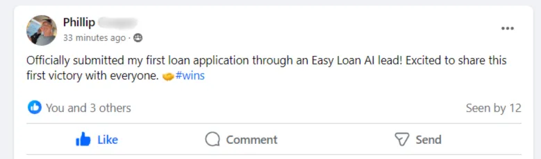 Testimonial image featuring our client Philip, who proudly shares his success in submitting his first loan application through an Easy Loan AI lead.