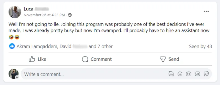 Testimonial image featuring our client Luca, who claims that joining the Easy Loan AI program was the best decision he's ever made for his business.