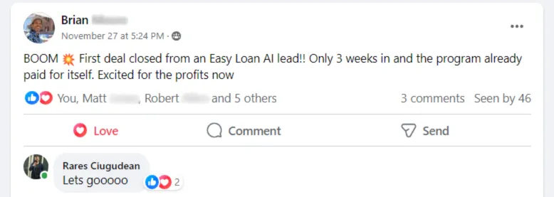Testimonial image featuring our client Brian, who is proudly sharing his success of closing his first deal with one of Easy Loan AI's leads.