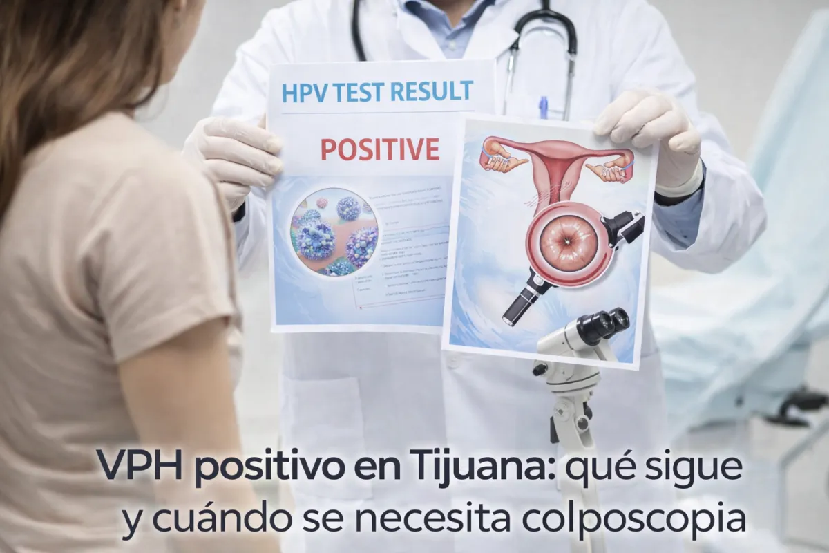 Imagen médica sobre VPH positivo y colposcopia en consulta ginecológica en Tijuana