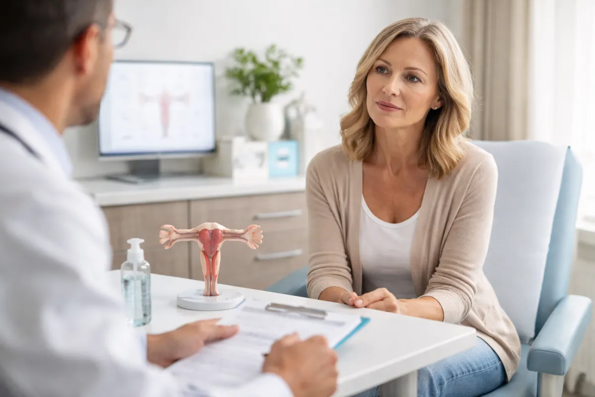 Mujer en consulta ginecológica por resequedad vaginal en etapa de perimenopausia o menopausia en Tijuana